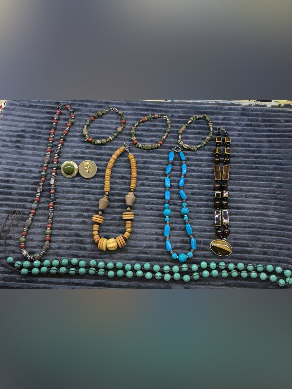 Boho Ethnic Jewelry Lot Multi Strand Turquoise Stone Clay Wood Bead Necklace Set
